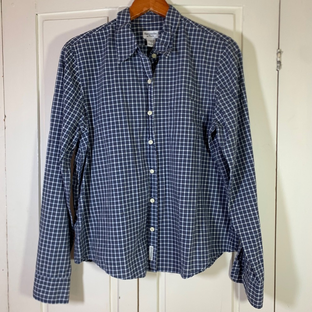 HOLE Abercrombie & Fitch Womens Blue Plaid Cotton Button Down Shirt LS